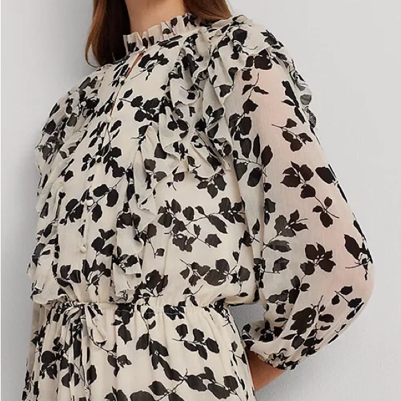 Ralph Lauren Floral Ruffle Trim Dress - 18 - Black and White - Picture 2 of 6
